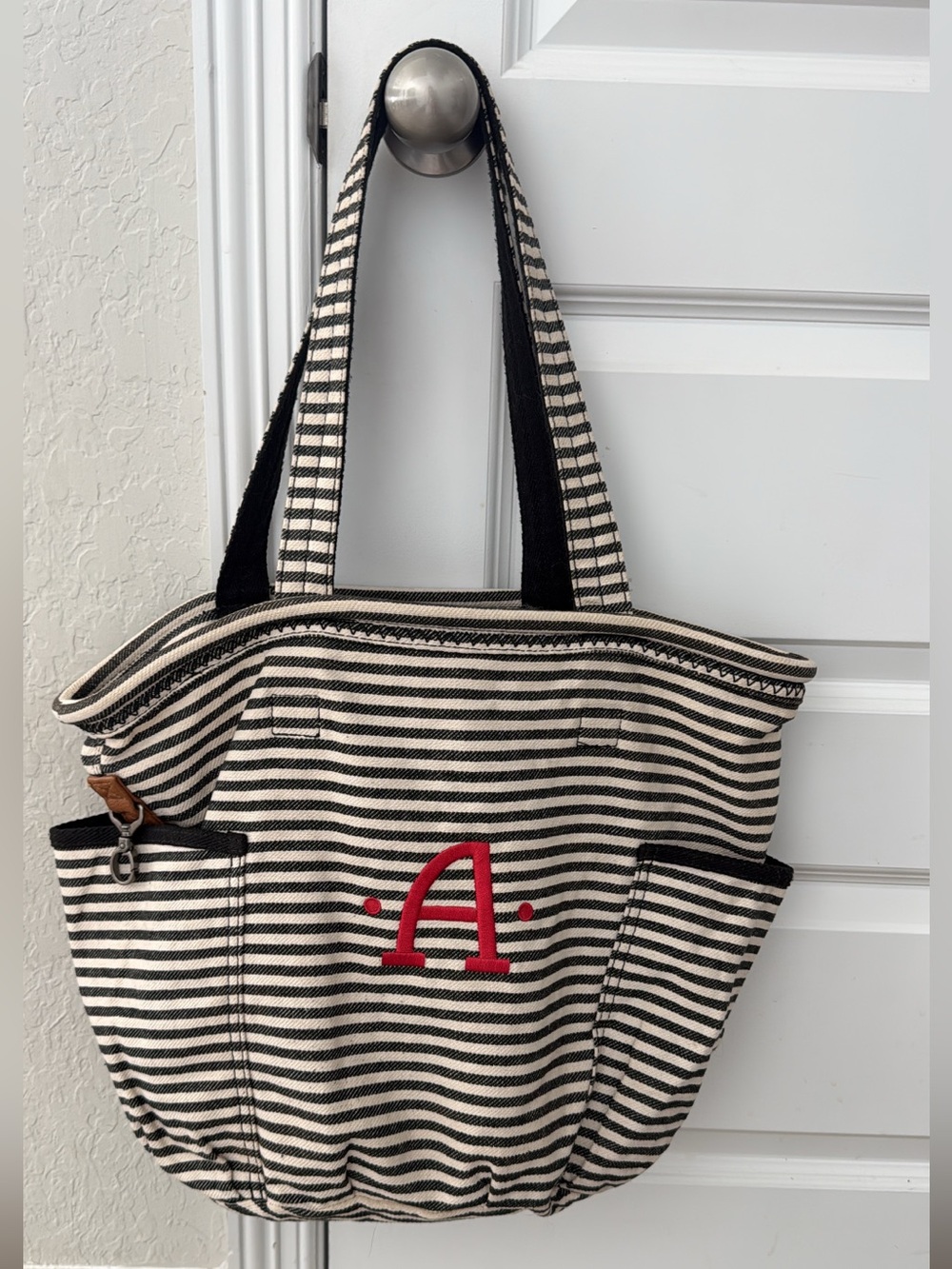 thirty-one Black and Cream Striped Tote with Red “A”